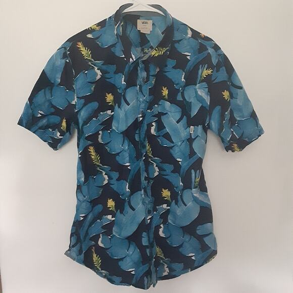 Vans Hawaiian Shirt Mens Large Short Sleeve Tailored Fit Floral Aloha Blue - Picture 1 of 7